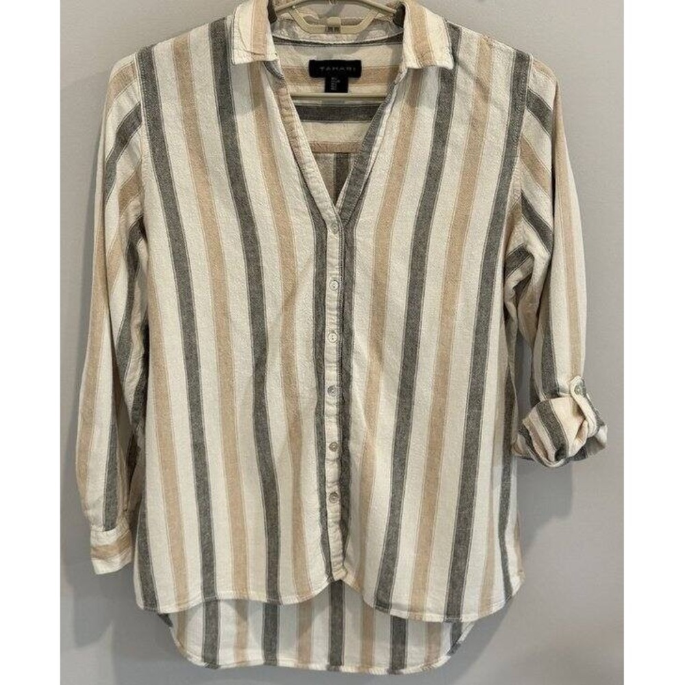 Tahari Linen Blend Long Roll Tab Sleeve V Neck Button Front Gray Tan Stripe L